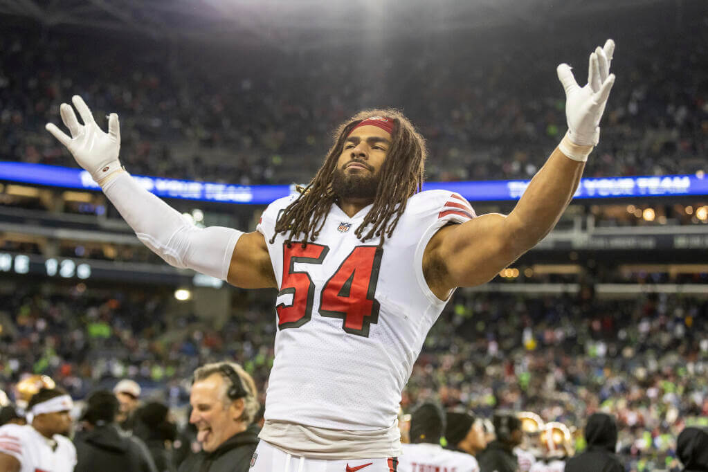San Francisco 49ers linebacker Fred Warner (54) celebrates against the Seattle Seahawks in an NFL football game, Thursday, Dec. 15, 2022, in Seattle Wash. 49ers won 21-13. (AP Photo/Jeff Lewis)